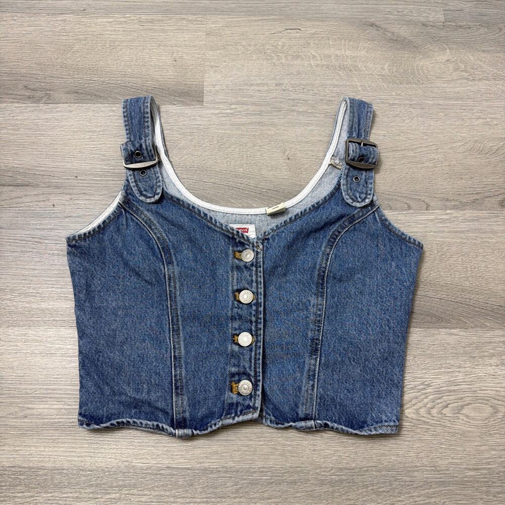Levi's Denim Crop Top Corset Vest Y2K Jean Charlie Tank Button Up Size Small - Picture 4 of 9
